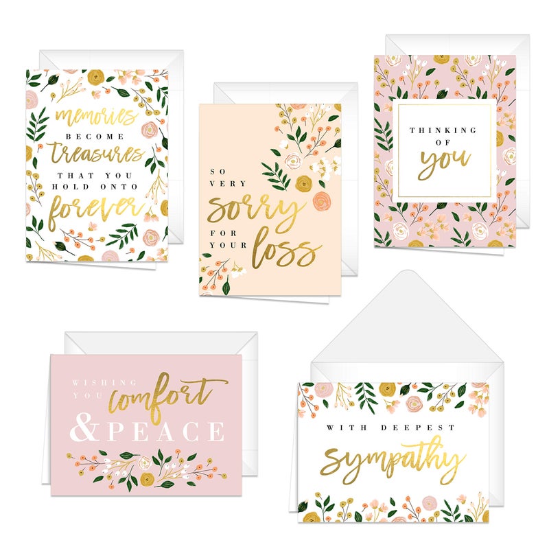Canopy Street Modern Floral Sympathy Cards / 25 Loss Grief Comfort Cards / 5 Floral Thinking Of You Greeting Card Designs / 4 5/8" x 6 1/4" Condolences Note Cards - Image 3